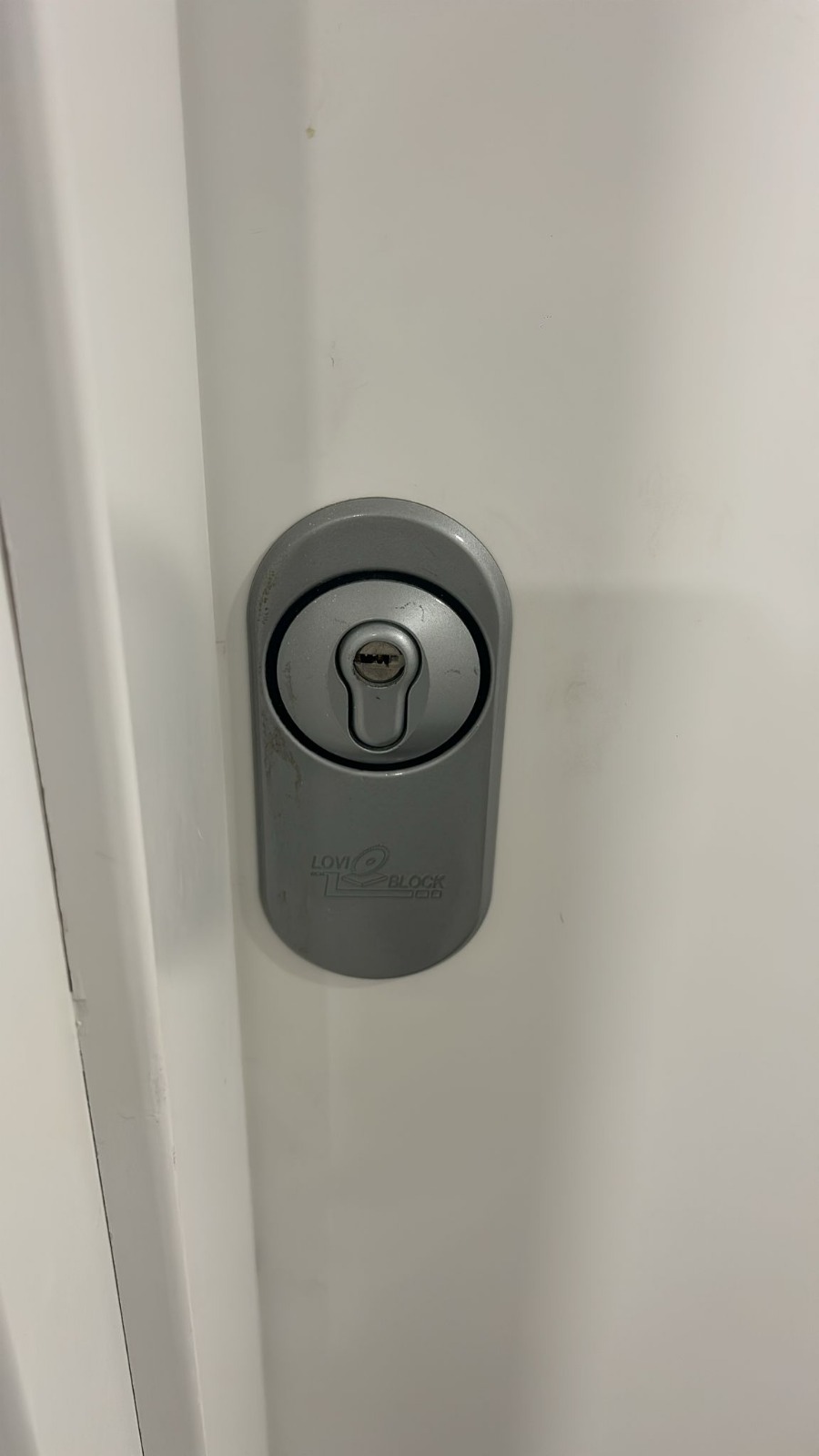 Escudo de protección instalado en puerta blanca